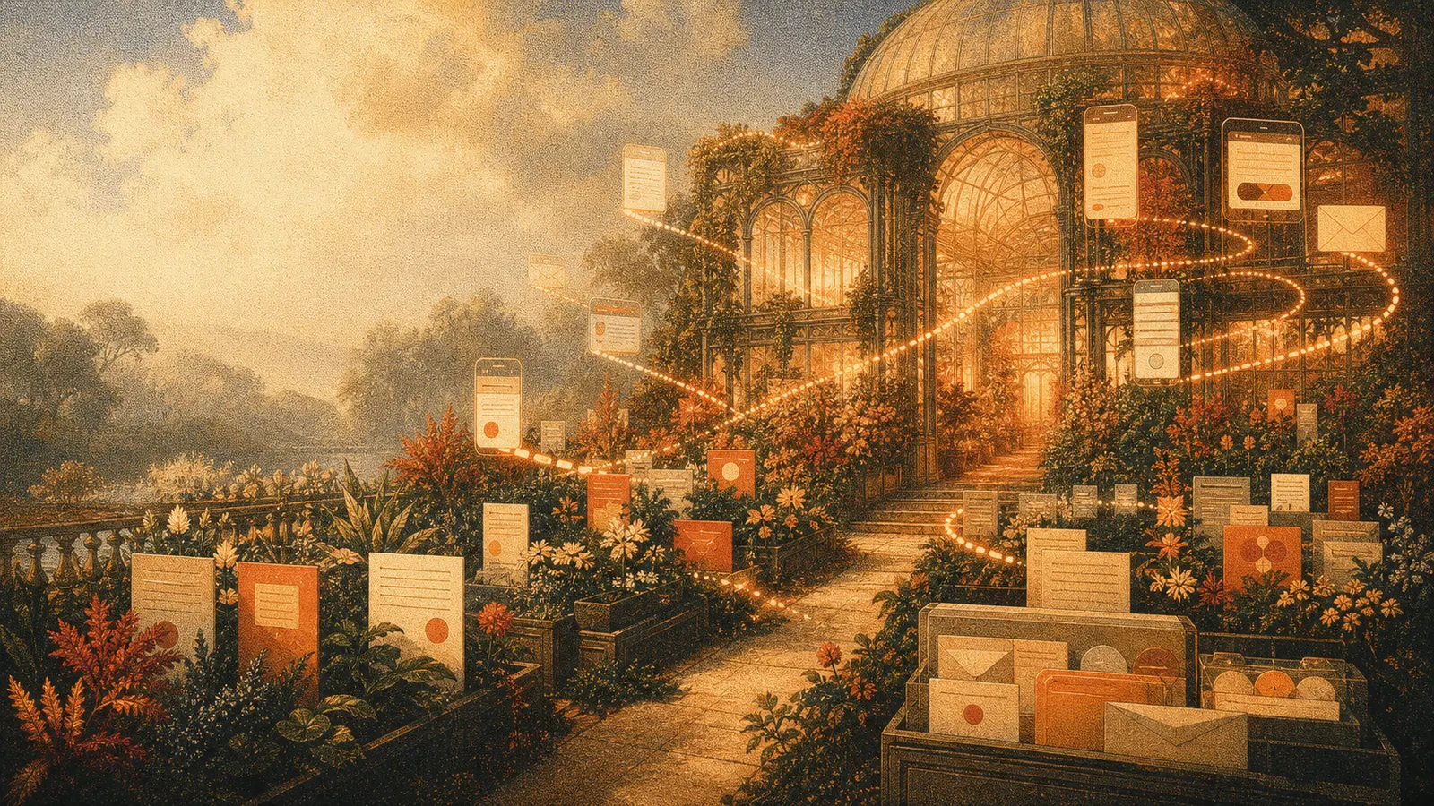 A conservatory with amber light-routes looping through floating letter cards
