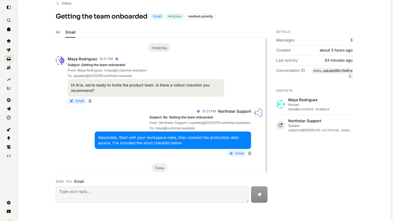 A Samva email conversation with an outbound reply and the customer's response in one thread