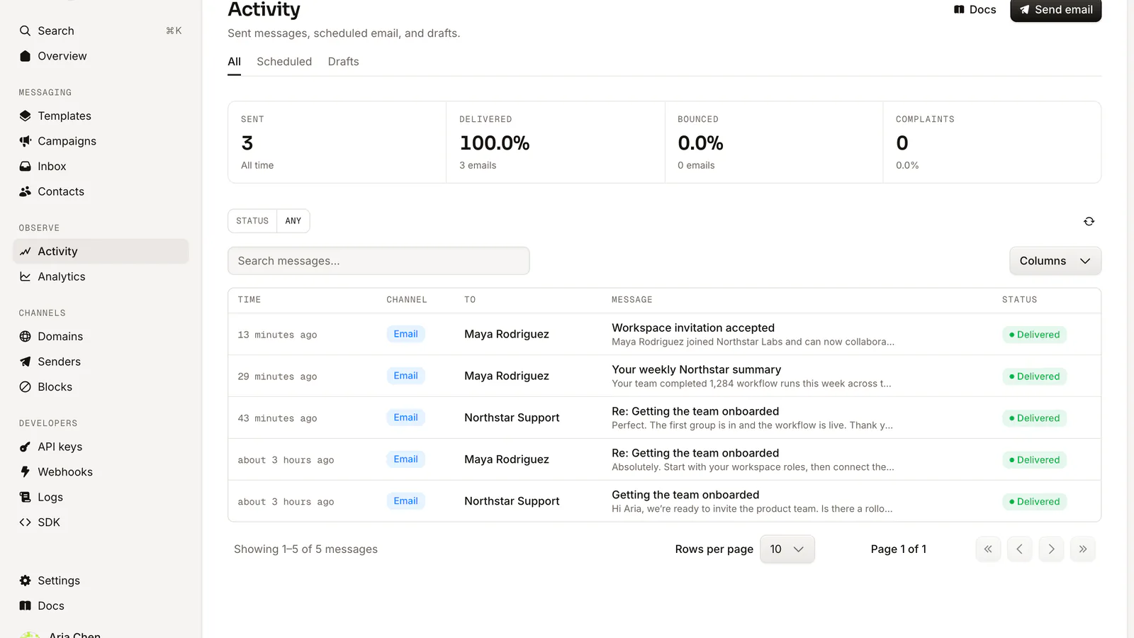 The Samva dashboard showing a send landing in the activity feed