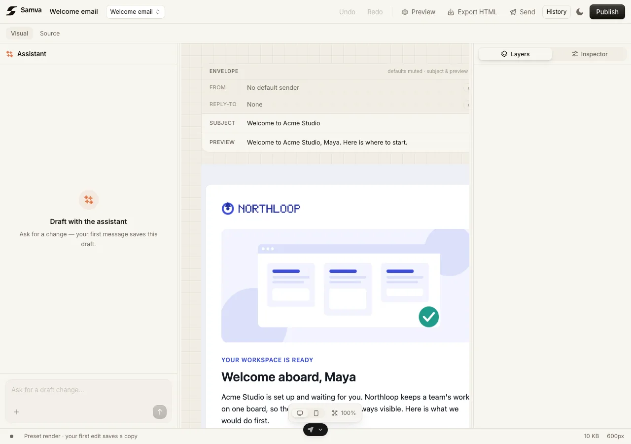 The Samva email editor with the assistant, email preview, and design controls visible