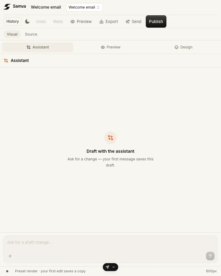 The Samva email editor on a narrow screen with its assistant and preview tabs visible