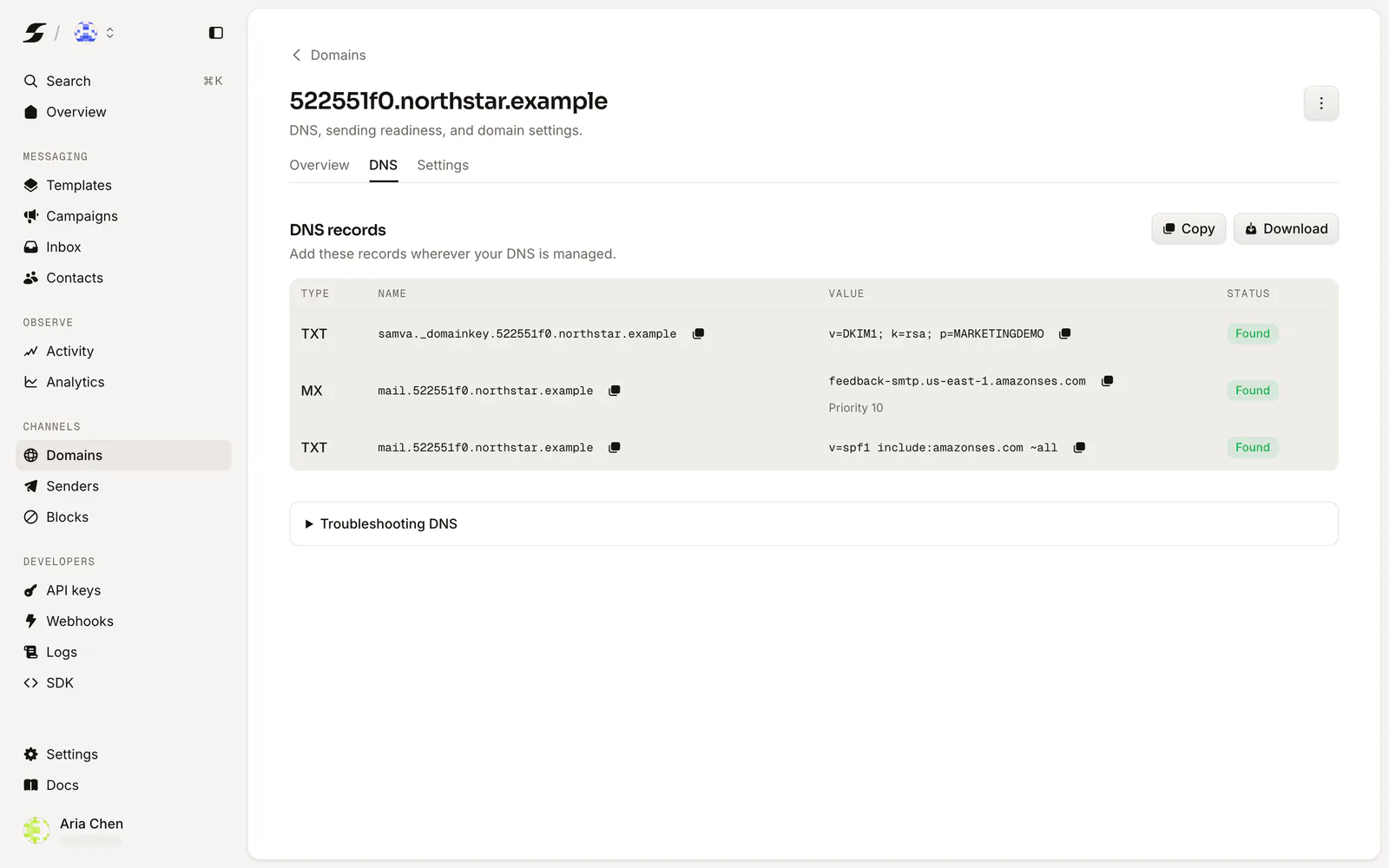 A verified Samva sending domain with SPF, DMARC, and inbound DNS records