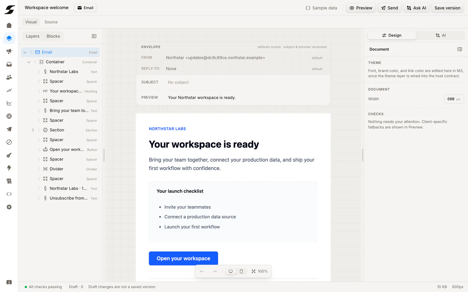 The Samva visual email template editor showing a workspace welcome template