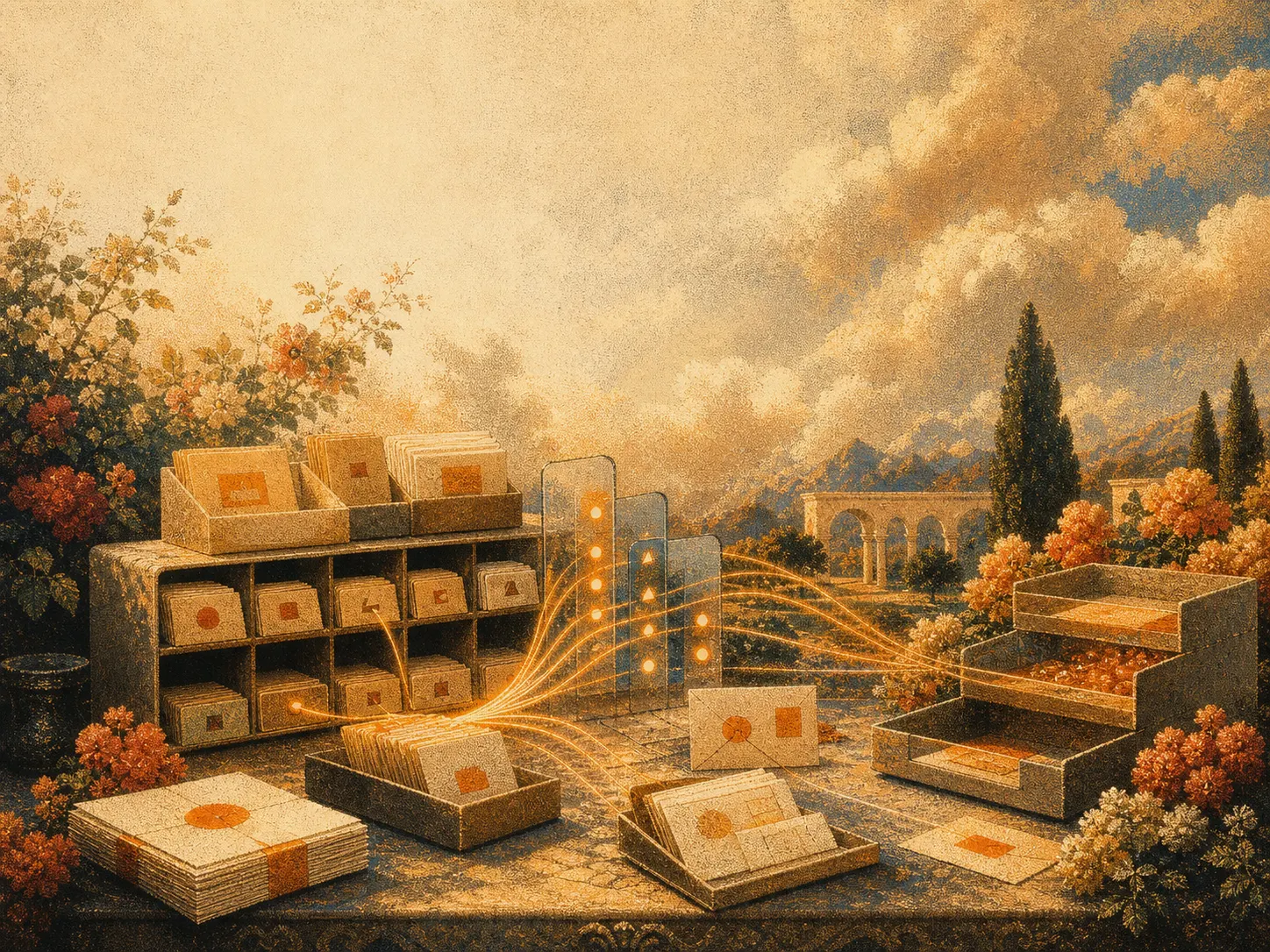 A still life of pigeonholes and glass dot-panels routing letters along amber threads